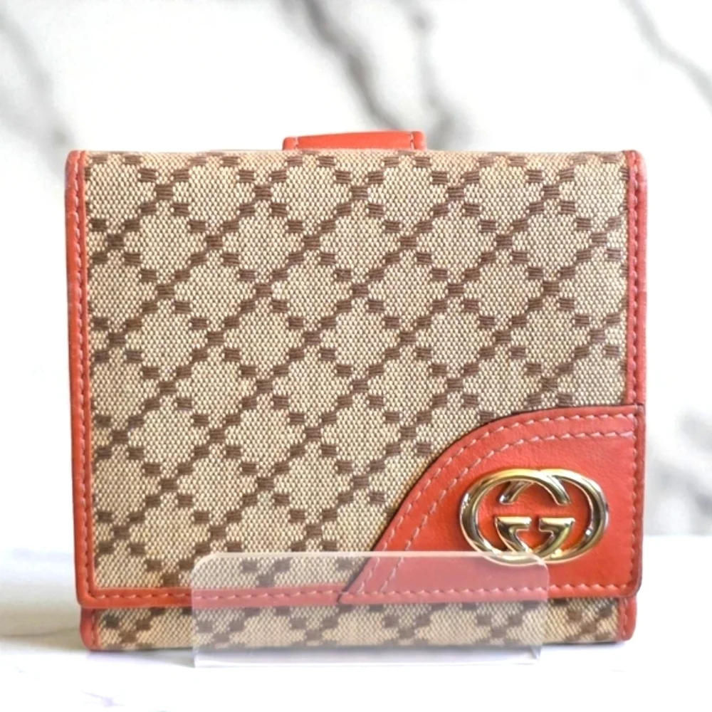 Vintage Gucci Diamante Canvas Bifold Wallet - Rust Leather Trim & GG Emblem